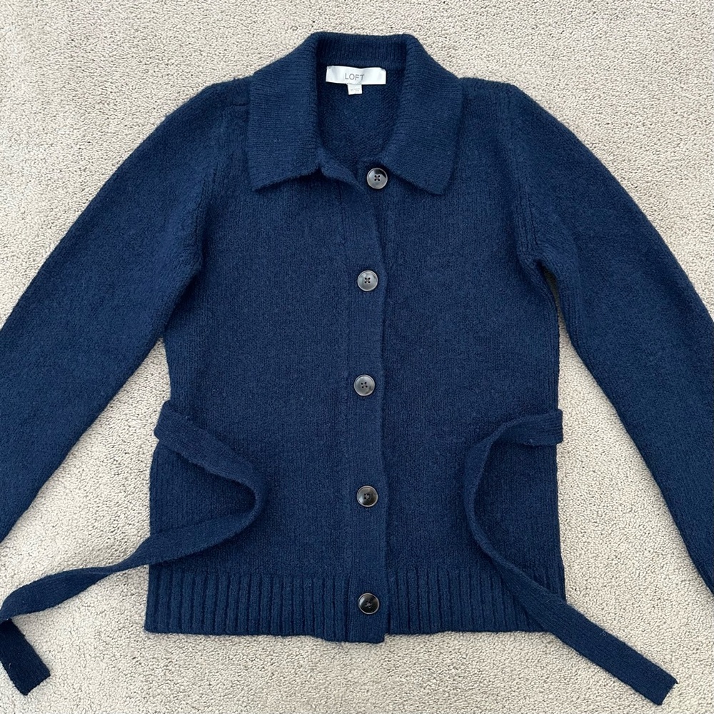 Fall Navy Button Front Collared Cardigan Sweater With Waist Tie Belt - Heritage